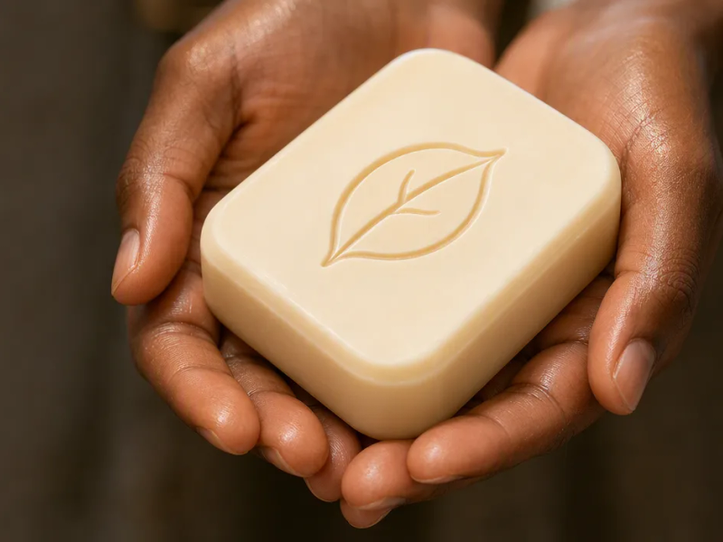 A bar of soap cradled in cupped hands